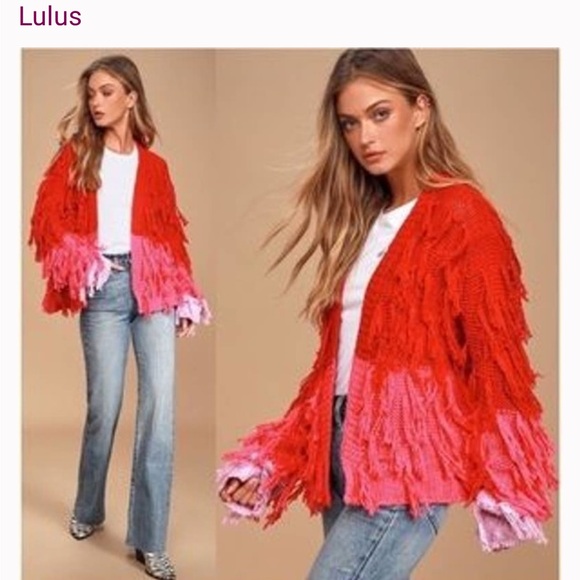 Lulus Sweaters - Lulu's Vibrant Red and Pink Fringe Cardigan